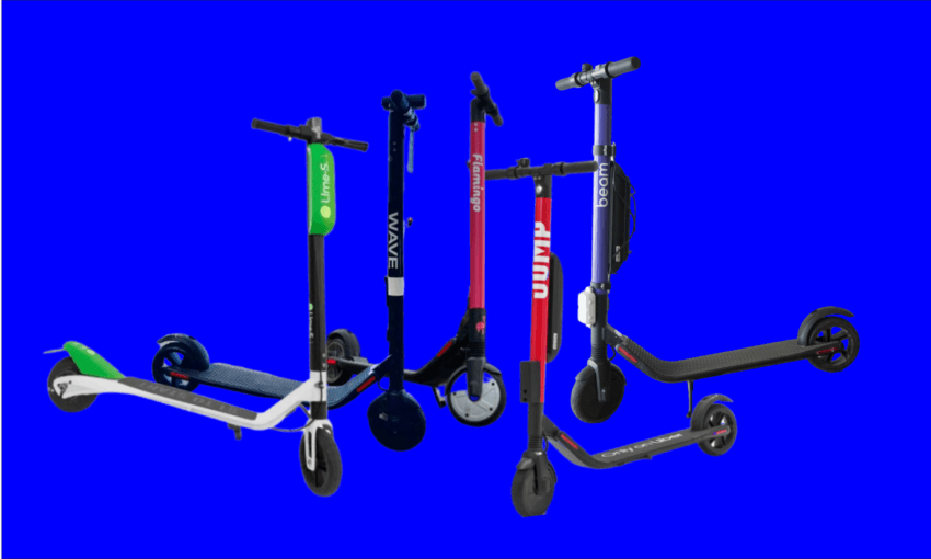 five e scooters arranged in formation on a blue background